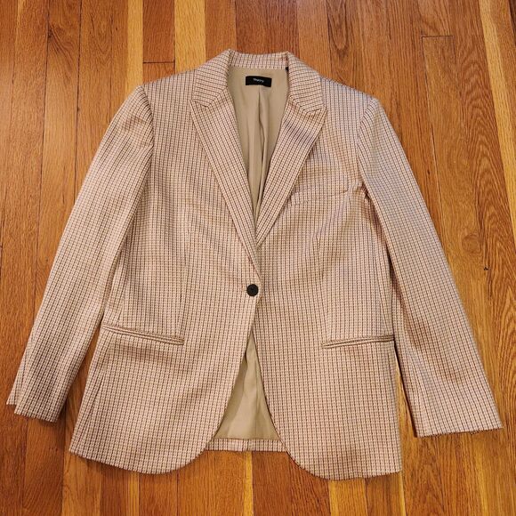 Theory Blush Pink & Cream Staple Blazer Jacket, Houndstooth, Stratton Knit, Sz 8 - Picture 7 of 13